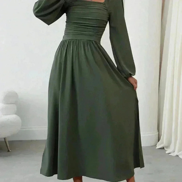Green Elegant Women's Casual Square Neck Pleated Lantern Sleeve Dress - Picture 7 of 7